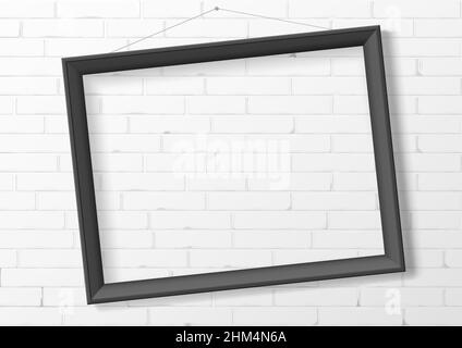 Horizontal black thin photo frame from wood on a brick wall. Frame picture or certificate. Vector Blanket for interior prints Stock Vector