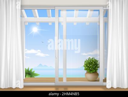 Sliding window of the hotel. View of the tropical bay. Resort. Vector graphics Stock Vector