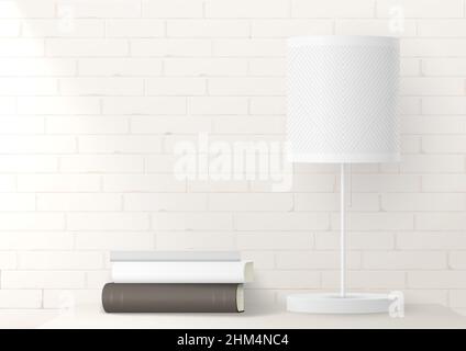 Mockup with a bright lamp on a brick wall. The interior is loft-style. Background in vector graphic. Books on the dresser in a bright room. Stock Vector