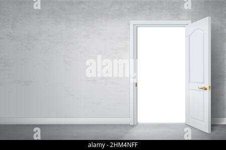 Vector graphics. The open door in the room is a gray old wall. Concept background Stock Vector