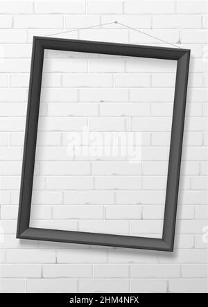 Vertical black thin photo frame from wood on a brick wall. Frame picture or certificate. Vector Blanket for interior prints Stock Vector