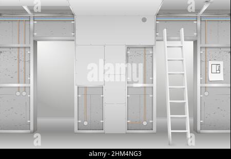 Interior under construction. Frame drywall, design and complete living room. Vector graphics Stock Vector