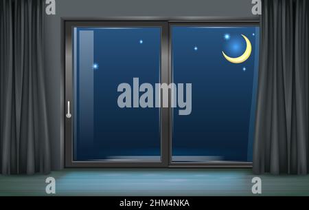 Modern interior with panoramic window and night view. Stock Vector