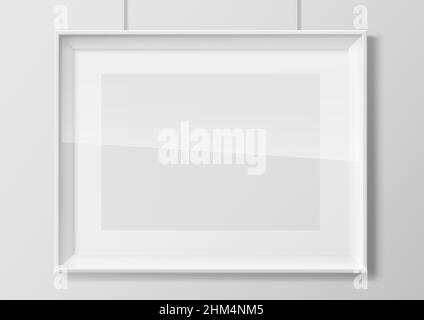 Horizontal white thin photo frame with transparent glass. Frame picture or certificate. Vector Blanket for interior prints Stock Vector