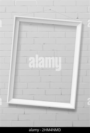 Vertical white thin photo frame from wood on a brick wall. Frame picture or certificate. Vector Blanket for interior prints Stock Vector