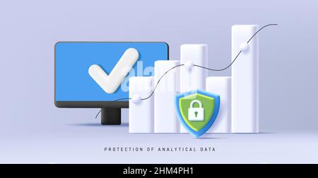 3d composition with desktop computer and white bar chart with security protection icon, business graphics Stock Vector
