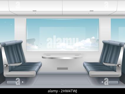Interior high-speed train or a boat with a passenger compartment and the scenery outside the window. Vector graphics Stock Vector