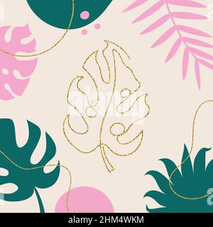 Abstract background with line art tropical leaves. Stock Vector