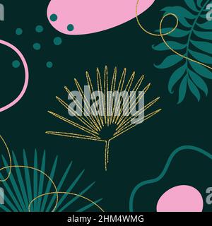 Abstract background with line art tropical leaves. Stock Vector
