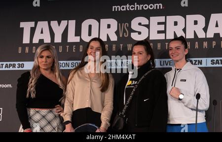 The Leadenhall Building, UK. 07th Feb, 2022. (left) to (right) Shannon Courtenay former WBA Bantamweight World Champion Terri Harper former WBC and IBO Super-Featherweight World Champion, Chantelle Cameron WBC and IBF Super-Lightweight World Champion and Skye Nicolson 2018 Commonwealth Games Champion during the press conference ahead of the Katie Taylor v Amanda Serrano fight at Madison Square Gardens in April 2022, at Landing Forty Two, The Leadenhall Building, England on the 7 February 2022. Photo by Alan Stanford. Credit: PRiME Media Images/Alamy Live News Stock Photo