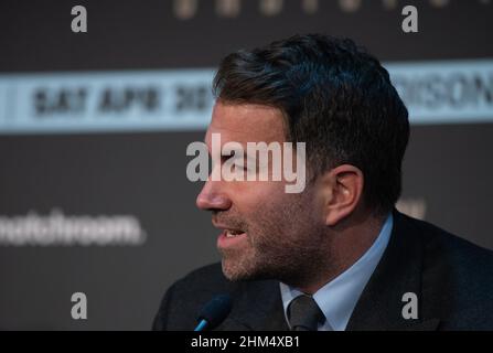 The Leadenhall Building, UK. 07th Feb, 2022. Eddie Hearn chairman, Matchroom Sport during the press conference ahead of the Katie Taylor v Amanda Serrano fight at Madison Square Gardens in April 2022, at Landing Forty Two, The Leadenhall Building, England on the 7 February 2022. Photo by Alan Stanford. Credit: PRiME Media Images/Alamy Live News Stock Photo