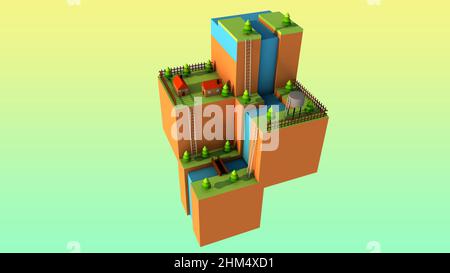 3d illustration of isometric city. Smart town with trees, skyscrapers and public park, 3d buildings, modern office and metropolis concept Stock Photo