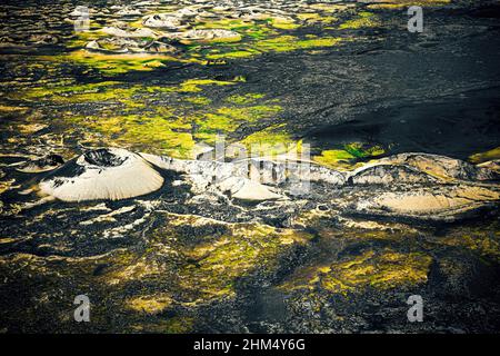 Aerial view of the Lakagígar (Craters of Laki) volcanic area with ash and lava fields during summer, part of Vatnajökull National Park, Iceland Stock Photo