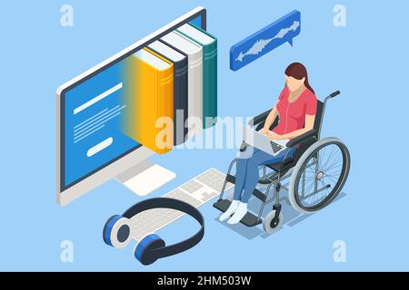 Isometric woman in headphones listening to audiobook. Modern interface for e-books. UI, UX and GUI Screens. Woman enjoying literature, learning Stock Vector