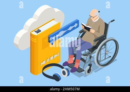 Isometric old man, pensioner in headphones listening to audiobook. Modern interface for e-books. UI, UX and GUI Screens. Grandfather enjoying Stock Vector