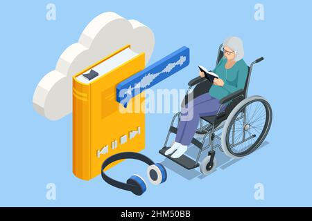 Isometric old woman, pensioner in headphones listening to audiobook. Modern interface for e-books. UI, UX and GUI Screens. Grandmother enjoying Stock Vector
