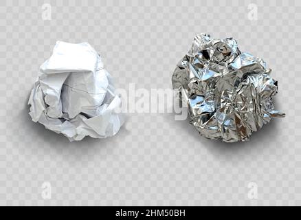 Vector with transparent shadow. Set of realistic crumpled sheets of paper and foil. Stock Vector