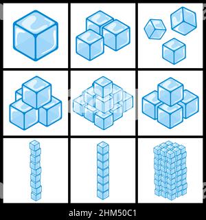 Ice cube icon set. Cartoon freeze blocks collection. Simple Vector illustration isolated on white background. Stock Vector