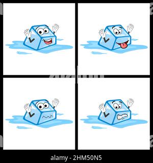 Melting Ice cube character with eyes and smile. Simple Vector illustration set isolated on white background. Stock Vector