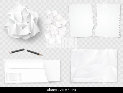 Set of different crumpled and torn sheets of paper. Broken pencil. Vector graphics. Stock Vector