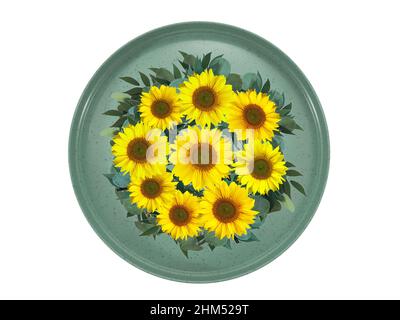 Floristic decoration from sunflower flowers and eucalyptus leaves on green plate. Isolated on white background. Stock Photo