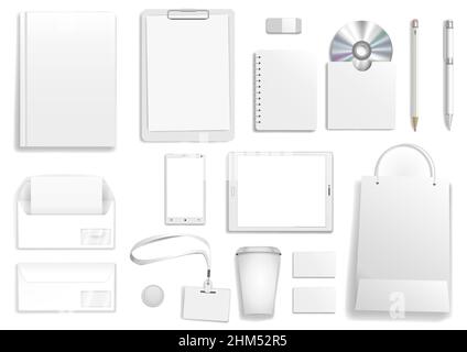 Vector corporate mock up. Set items with the tablet, cover, business card, bag, envelope, pencil and pen. Stock Vector