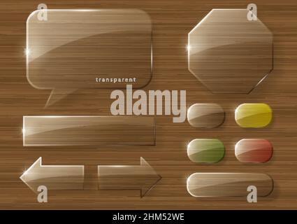 A set of glass icons , buttons or geometric shapes on a wooden texture background. Vector graphics with the effect of transparency. Stock Vector