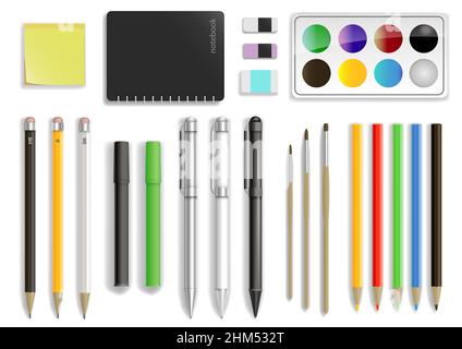 Set of different office supplies in vector. Pencils and pens, notepad and eraser, brushes and paints Stock Vector