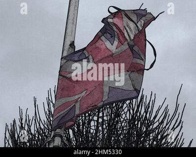 Concept art post Brexit Britain tattered faded Union Jack flag against a backdrop of thorns & grey sky Corruption, loss of international respect/pride Stock Photo