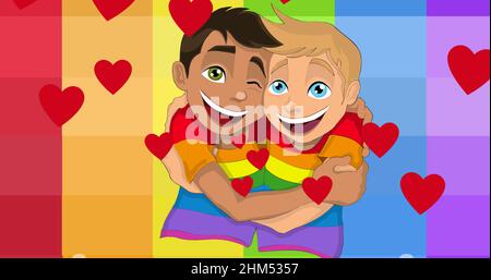 Image of hearts over two boys embracing on rainbow background Stock Photo