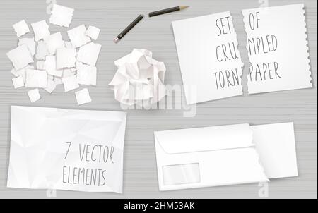 Set of different crumpled and torn sheets of paper. Broken pencil. Vector graphics. Stock Vector