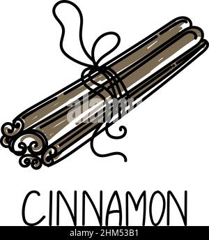 Cinnamon, drawn element in doodle style. Logo and emblem packaging design template - spices and herbs - cinnamon sticks. Logo in a trendy linear style Stock Vector