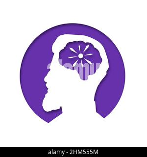 The head of a man is in a circle. Paper cut style icon with shadow. Medical concept icon of diseases of the brain, psychological disorder. Vector illu Stock Vector