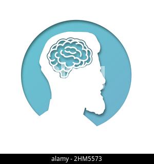 The head of a man is in a circle. Paper cut style icon with shadow. Medical concept icon of diseases of the brain, psychological disorder. Vector illu Stock Vector