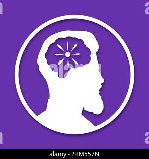 The head of a man is in a circle. Paper cut style icon with shadow. Medical concept icon of diseases of the brain, psychological disorder. Vector illu Stock Vector