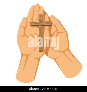 Christian illustration of hands holding cross. Happy Easter image. Stock Vector