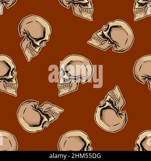 Pattern of hand-drawn skulls on a terracotta background for print and decoration. Vector illustration. Stock Vector