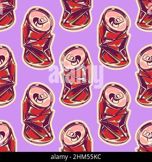 Pattern of crumpled empty soda cans in pop art style for print and decoration. Vector illustration. Stock Vector