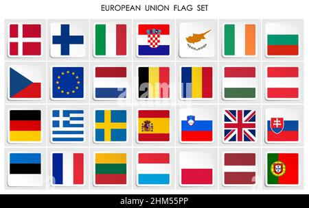 set of EUROPEAN UNION flags icon on paper square sticker with shadow. Button for mobile application or web. Vector Stock Vector