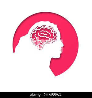 The head of a woman or girl is in a circle. Medical concept icon of diseases of the brain, psychological disorder. Paper cut style icon with shadow. V Stock Vector