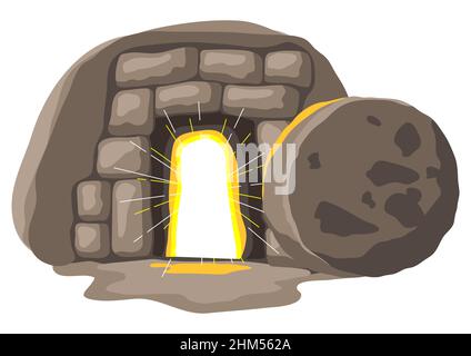 Christian illustration of burial cave. Happy Easter image. Stock Vector