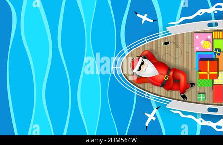 Santa Claus is swimming on a yacht lying on the deck with a bunch of gift boxes. Sea waves and seagulls around. Vector graphics. New Year, Christmas h Stock Vector