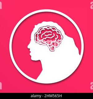 The head of a woman or girl is in a circle. Medical concept icon of diseases of the brain, psychological disorder. Paper cut style icon with shadow. V Stock Vector