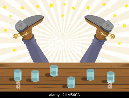 Drunk cowboy fell out of the bar. Vector cartoon background image Stock Vector