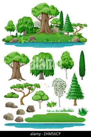 Set of plant trees for landscape design. Vector graphics. Island and lake. Cute fairy forest or park. Stock Vector