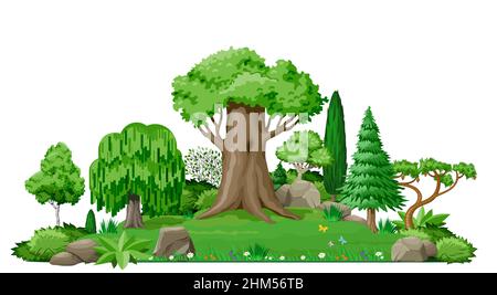 Set of plant trees for landscape design. Vector graphics. Island and lake. Cute fairy forest or park. Stock Vector