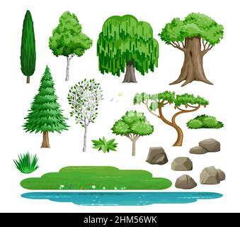 Set of elements for landscape design in isometric schemes. Vector graphics. Bushes, trees, rocks Stock Vector