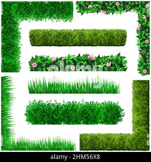 Vector templates. Set of green floral frames and corners. from the leaves. Corners of leaves and grass. Green hedge shrub Stock Vector