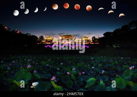 Chongqing urban architecture - total eclipse of the moon Stock Photo