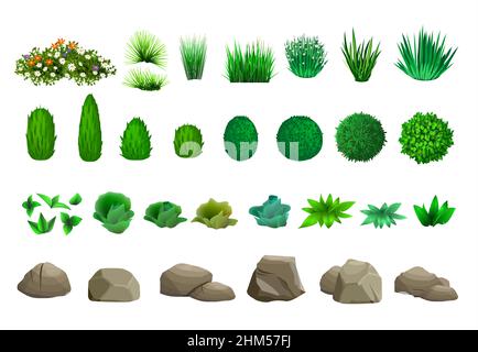 Set of elements for landscape design in isometric schemes. Vector graphics. Bushes, trees, rocks Stock Vector